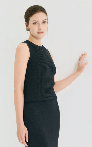Graphite gray ribbed sleeveless knit tank top, crew neck, fitted at waist