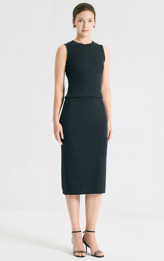 Graphite gray ribbed wool-silk knit tank top, sleeveless crew neck, long length