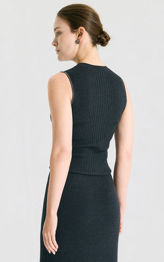 Graphite gray ribbed knit tank top, sleeveless crew neck, back view