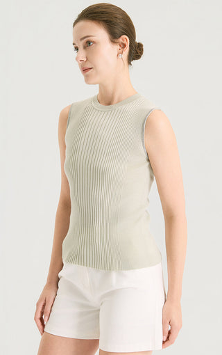 Greige sleeveless ribbed knit tank top with crew neck and straight hem