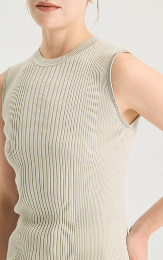 Greige ribbed knit tank top close-up of neckline and armhole
