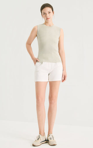 Greige wool-silk ribbed knit tank top, sleeveless crew neck, straight hem