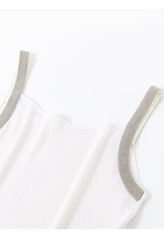 White knit camisole with wide beaded straps, curved neckline