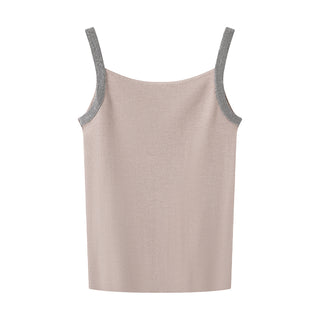 Khaki knit camisole with beaded straps and straight ribbed hem