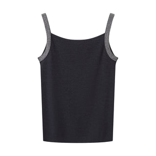 Black knit camisole top flat lay with wide straps and straight neckline