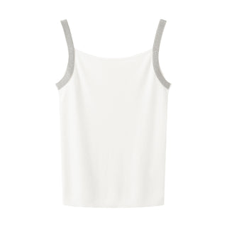 White camisole with gray-silver beaded straps and ribbed knit body