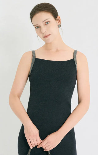 Black camisole knit top with slim straps and fitted silhouette, square neckline