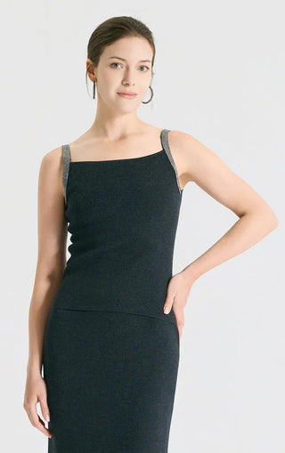 Black wool-silk knit camisole with wide beaded-look strap trim and square neckline