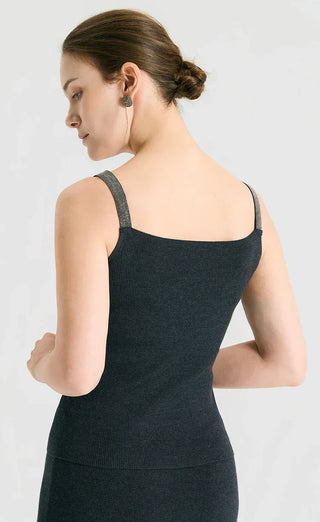 Black knit camisole back view with wide straps and fitted waist-length shape