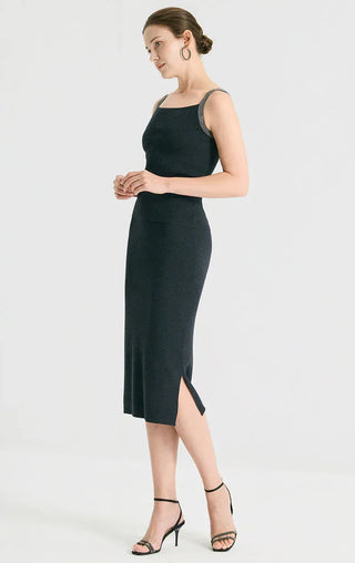 Black knit camisole and skirt set look, side slit hem detail, sleeveless