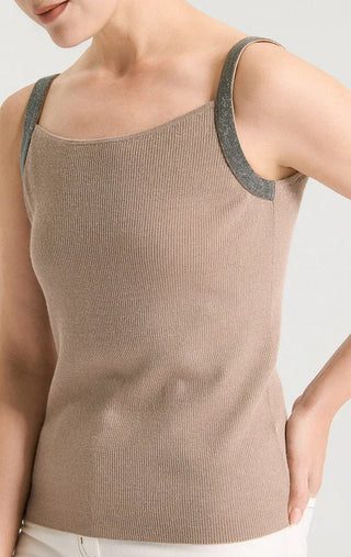 Khaki knit camisole close-up: square neckline and contrast strap edging