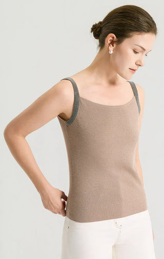 Khaki knit camisole angled back view with wide straps and fitted waist-length shape
