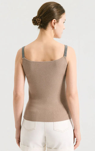 Khaki knit camisole back view with wide straps and smooth fitted silhouette