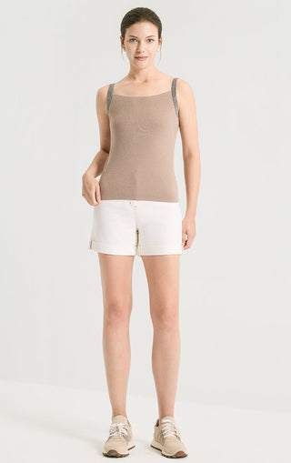 Khaki beaded-strap wool-silk knit camisole, square neckline