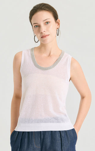 Pale pink knit tank with gray scoop neck trim, linen-silk blend