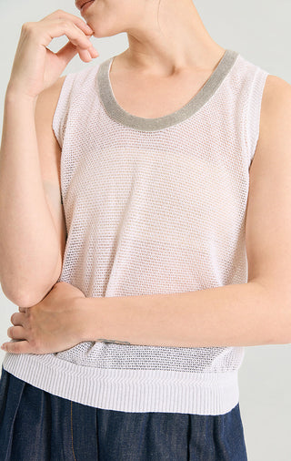 Pale pink knit tank neckline detail with gray trim and ribbed hem