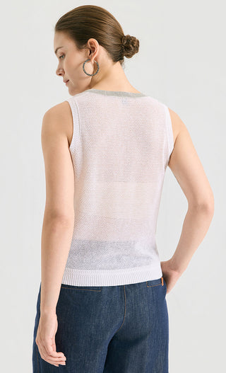 Pale pink knit tank back view with gray scoop neck trim