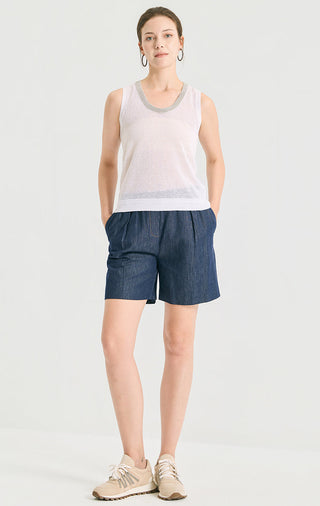 Pale pink linen-silk knit tank with gray scoop neck trim, worn with shorts