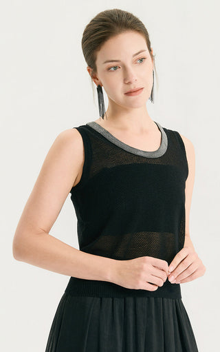 Black linen-silk blend knit tank with silver beaded scoop neck trim