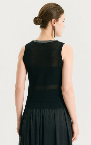 Black knit tank, sleeveless with scoop back and ribbed waistband hem detail