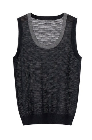 Black sleeveless knit tank with gray scoop neck trim