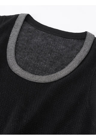 Close-up of black knit tank neckline with silver beaded trim around scoop neck