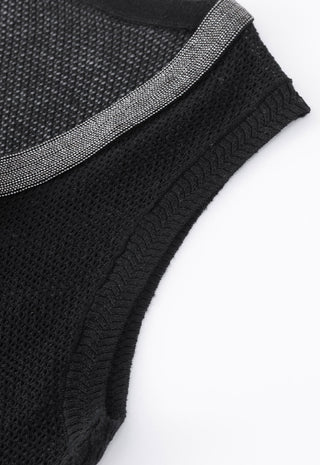 Close-up of black knit tank sleeve edge with silver beaded piping detail