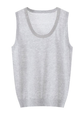White sleeveless knit tank with gray scoop neck trim