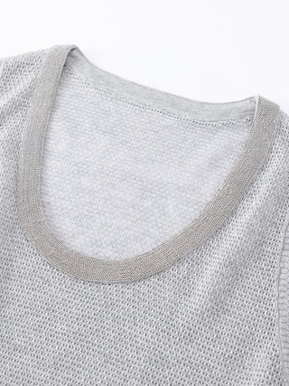 Light gray knit tank with silver beaded scoop neckline trim