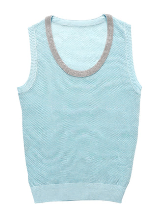 Light blue sleeveless knit tank with gray-trimmed scoop neck