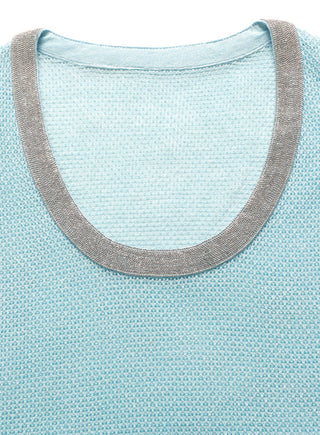 Light blue knit tank with silver beaded U-neckline trim