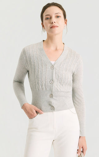 Light gray V-neck fitted short knit cardigan with button placket and long sleeves
