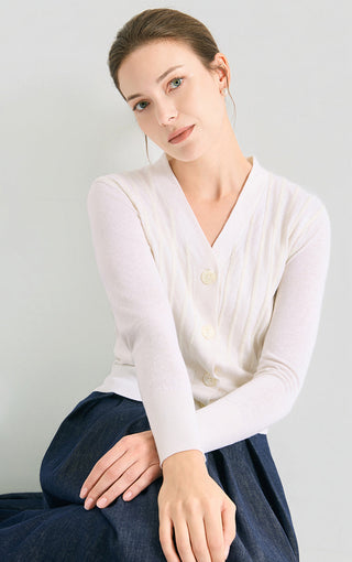 White V-neck fitted short knit cardigan with long sleeves and round button details