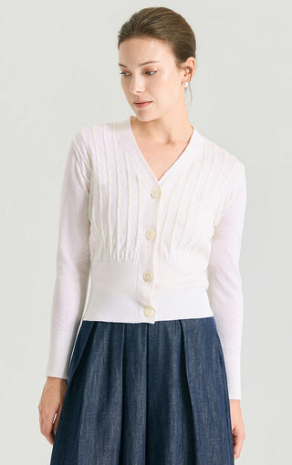 White V-neck fitted short knit cardigan with button placket and long sleeves
