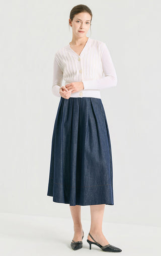 White V-neck fitted short knit cardigan, button front and vertical ribbed knit texture