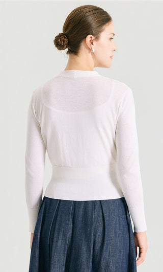 White V-neck fitted short knit cardigan, button front, long sleeves (back view)