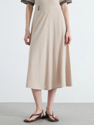 Oatmeal high-waisted A-line knit midi skirt with elastic waistband and side seams