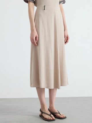 Front view of oatmeal high-waisted A-line knit midi skirt with center seam detail