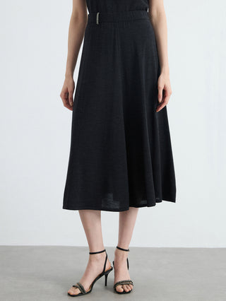 Black high-waisted A-line knit midi skirt with gathered waistband and full flare