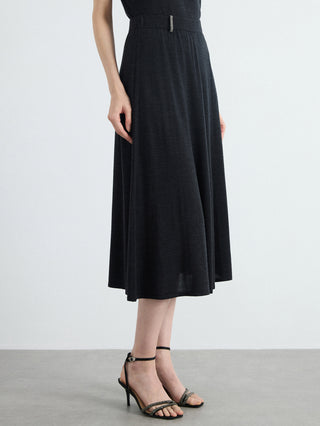 Black knit midi skirt with high waistband and gently pleated A-line shape