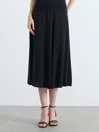 Black A-line knit midi skirt, high waist seam detail and softly flared hem