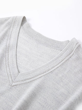 Light gray knit V-neck T-shirt with double-stitched neckline and sleeve trim