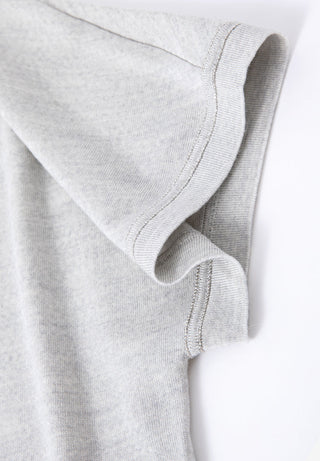 Light gray knit T-shirt detail at curved sleeve cuff with double-edge stitching