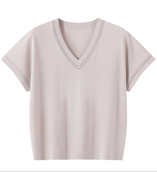 Silk-wool knit V-neck T-shirt with contrast trim at neckline, short sleeves