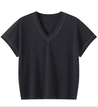 Dark gray V-neck knit T-shirt with double-stitched trim around neckline