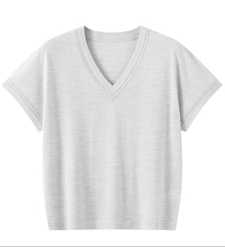 Light neutral silk-wool knit V-neck T-shirt with contrast neckline trim, short sleeves