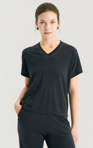 Dark gray silk-wool knit V-neck T-shirt with double-stitched trim