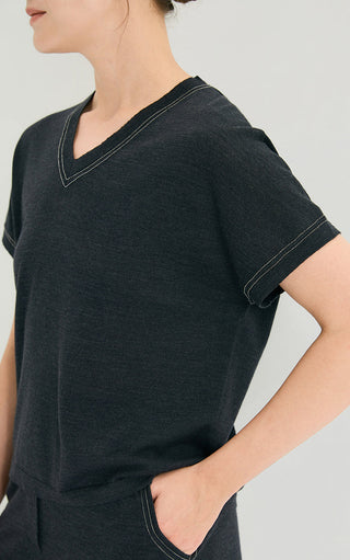 Dark gray V-neck knit T-shirt with contrast double-edge stitching on sleeves