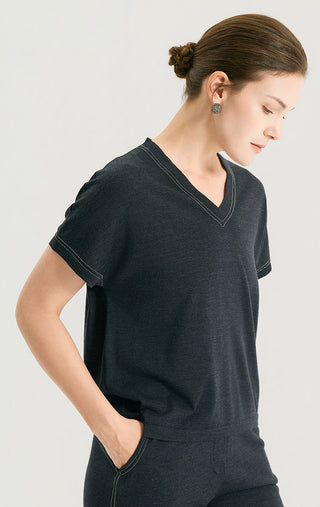 Dark gray V-neck knit top with double-stitched neckline and short sleeves