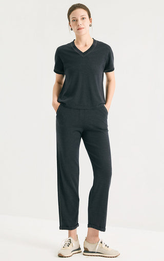 Dark gray V-neck silk-wool knit T-shirt paired with matching pants